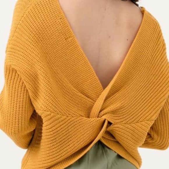 Mustard V-Neck Twisted Back Oversized Sweater - Picture 5 of 7